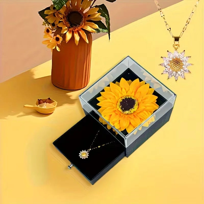 1set, Golden Sunflower necklace Party gift set, exquisite imitation flower drawer jewelry box, romantic occasion gift