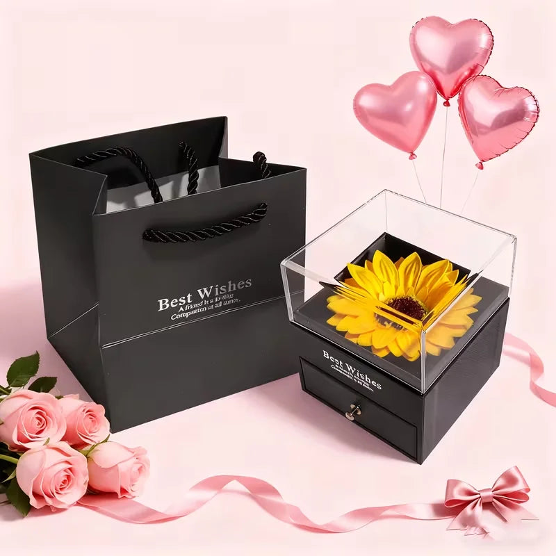 1set, Golden Sunflower necklace Party gift set, exquisite imitation flower drawer jewelry box, romantic occasion gift