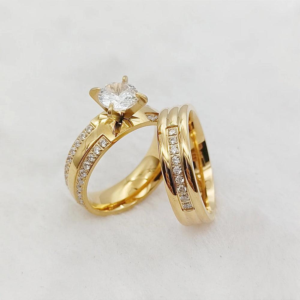 24k Gold Filled 316L Stainless Steel Jewelry Cz Diamond Wedding Rings Sets for Women Girls Ladies Engagement Statemen…