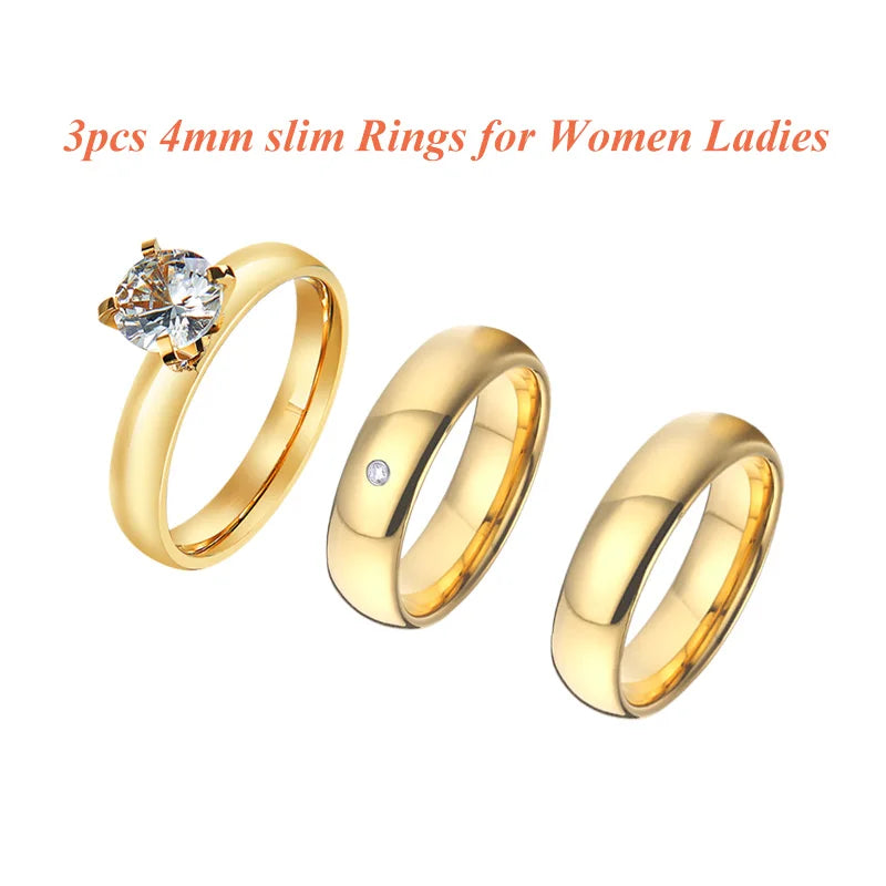 24k Gold Filled 316L Stainless Steel Jewelry Cz Diamond Wedding Rings Sets for Women Girls Ladies Engagement Statemen…