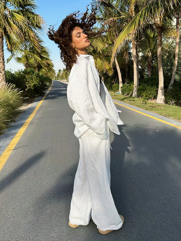 Bornladies Cotton Casual Pants Sets Women's Solid Color Cozy Lapel Long Sleeve Shirt Summer Outfit Elastic Waist Pant…