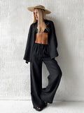 Bornladies Cotton Casual Pants Sets Women's Solid Color Cozy Lapel Long Sleeve Shirt Summer Outfit Elastic Waist Pant…