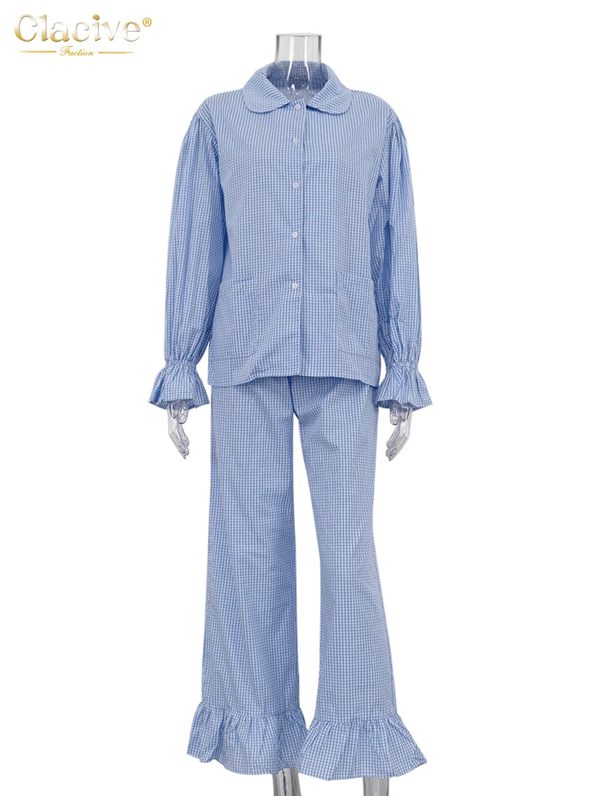 Clacive Fashion Loose Plaid Cotton Women's 3 Pieces Set 2025 Elegant Long Sleeve Shirt With High Wiast Wide Pants Set…