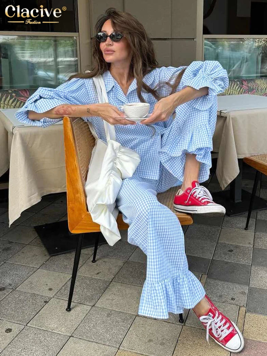 Clacive Fashion Loose Plaid Cotton Women's 3 Pieces Set 2025 Elegant Long Sleeve Shirt With High Wiast Wide Pants Set…