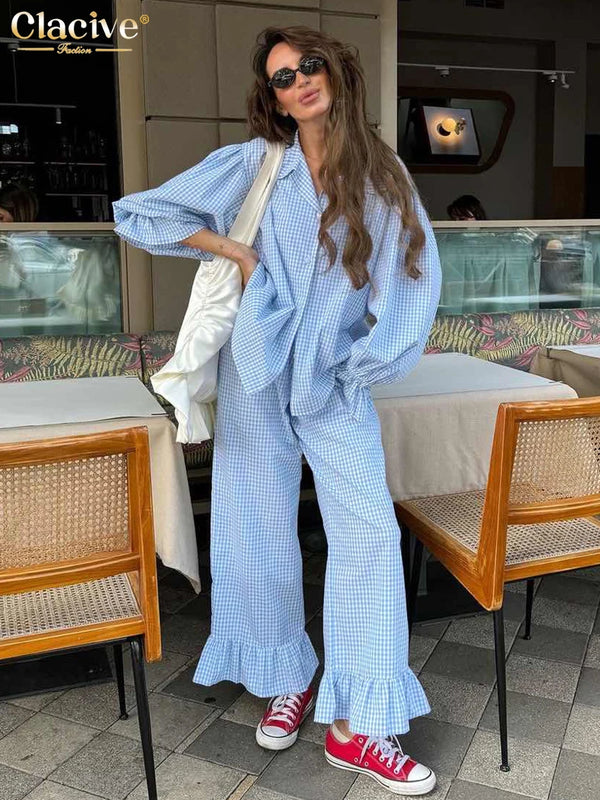 Clacive Fashion Loose Plaid Cotton Women's 3 Pieces Set 2025 Elegant Long Sleeve Shirt With High Wiast Wide Pants Set…