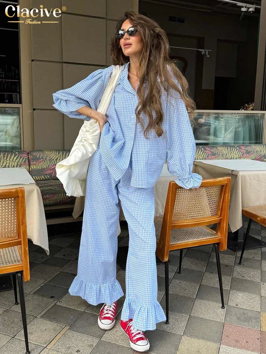 Clacive Fashion Loose Plaid Cotton Women's 3 Pieces Set 2025 Elegant Long Sleeve Shirt With High Wiast Wide Pants Set…