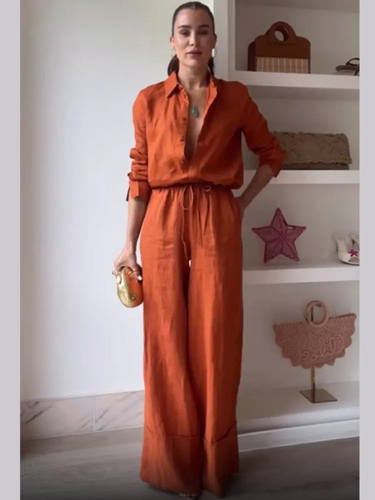 Cotton Linen Women's Pant Set Casual Loose Solid Buttons Shirt Pants Outfit Lady Daily Chic Loose Trousers Suit New