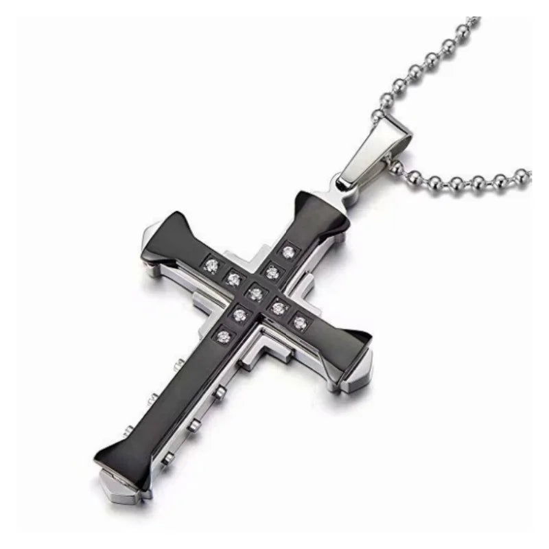 Cross border new Dark Knight domineering three-layer men's necklace, foreign trade accessories, diamond studded cross…