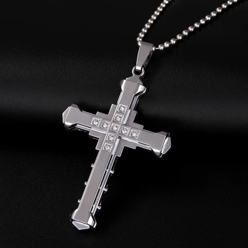 Cross border new Dark Knight domineering three-layer men's necklace, foreign trade accessories, diamond studded cross…