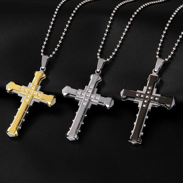Cross border new Dark Knight domineering three-layer men's necklace, foreign trade accessories, diamond studded cross…