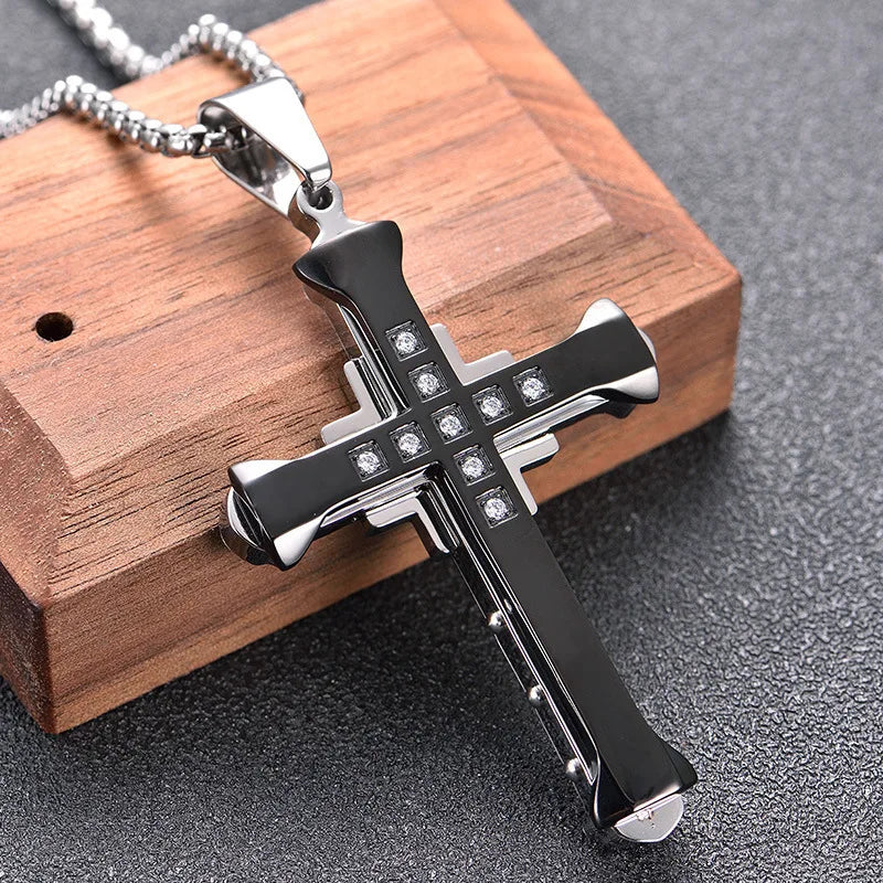 Cross border new Dark Knight domineering three-layer men's necklace, foreign trade accessories, diamond studded cross…