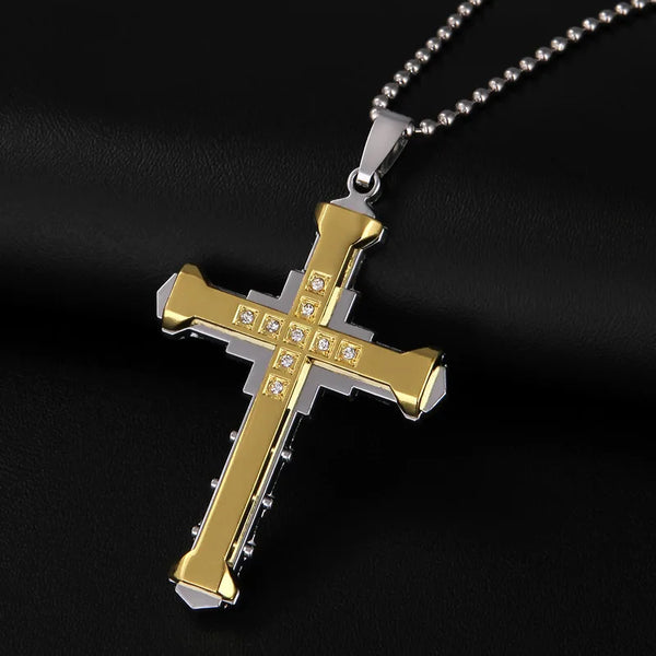 Cross border new Dark Knight domineering three-layer men's necklace, foreign trade accessories, diamond studded cross…