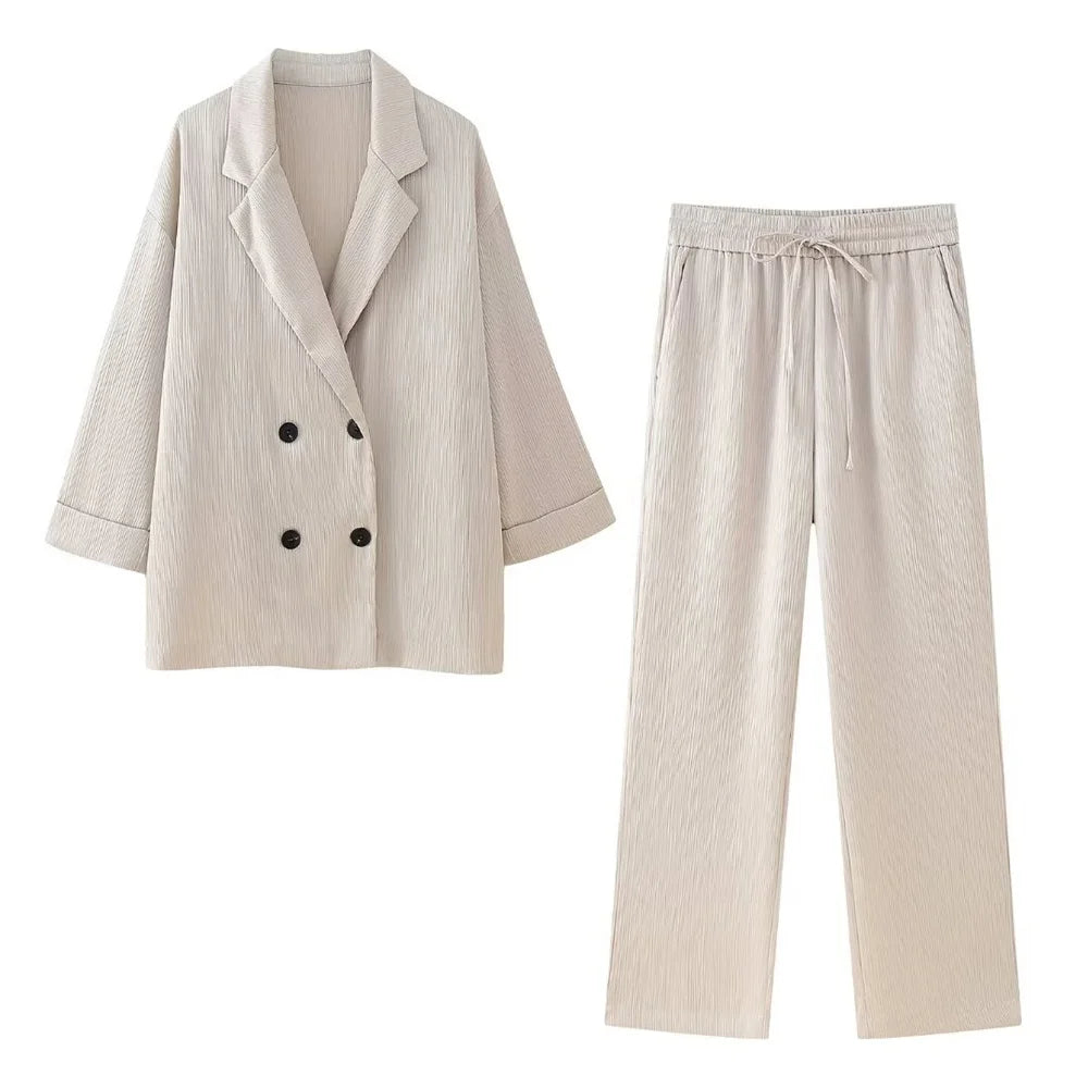 European and American Style and Summer New Women's Clothing Wrinkle Effect Double Breasted Suit Jacket Pants Set
