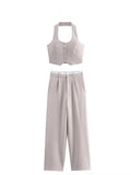 HH Women Fashion Solid Vest Pant Suit Single Breasted Halter Cropped Vests Top High Waist Patchwork Trouser Office La…