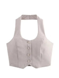 HH Women Fashion Solid Vest Pant Suit Single Breasted Halter Cropped Vests Top High Waist Patchwork Trouser Office La…
