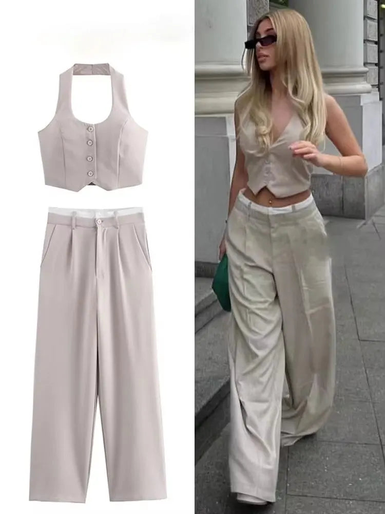 HH Women Fashion Solid Vest Pant Suit Single Breasted Halter Cropped Vests Top High Waist Patchwork Trouser Office La…