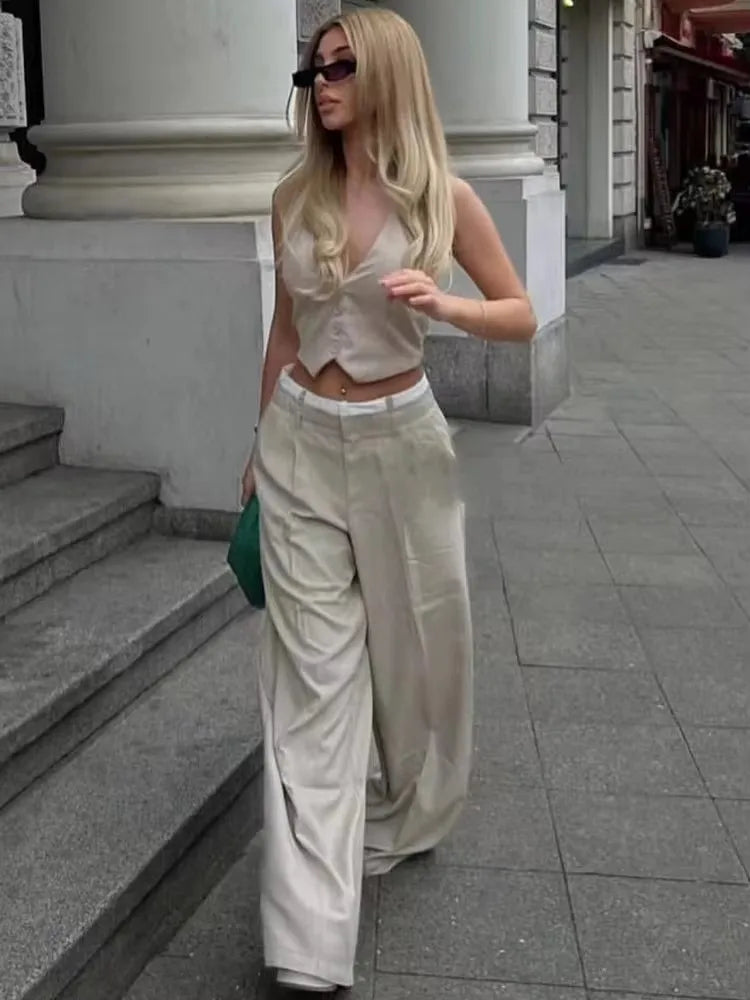 HH Women Fashion Solid Vest Pant Suit Single Breasted Halter Cropped Vests Top High Waist Patchwork Trouser Office La…