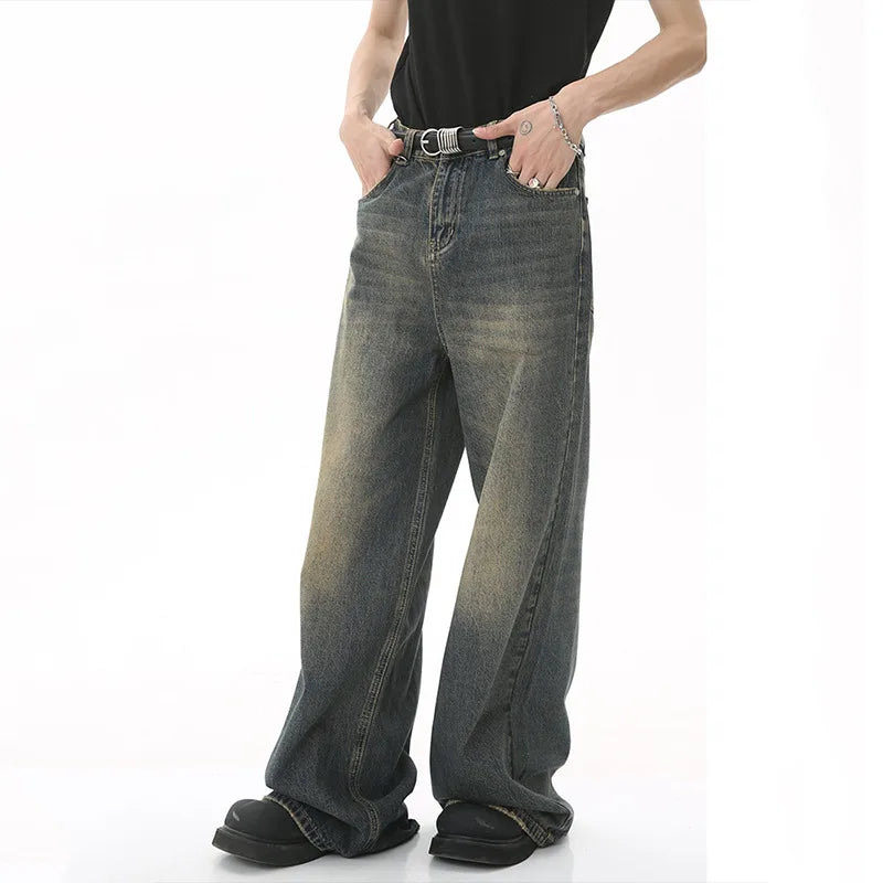 IEFB Summer Men's Denim Pants Old Blue Washed Male Jeans Straight Casual Menwear Loose Wide Leg Trousers New Fashion …
