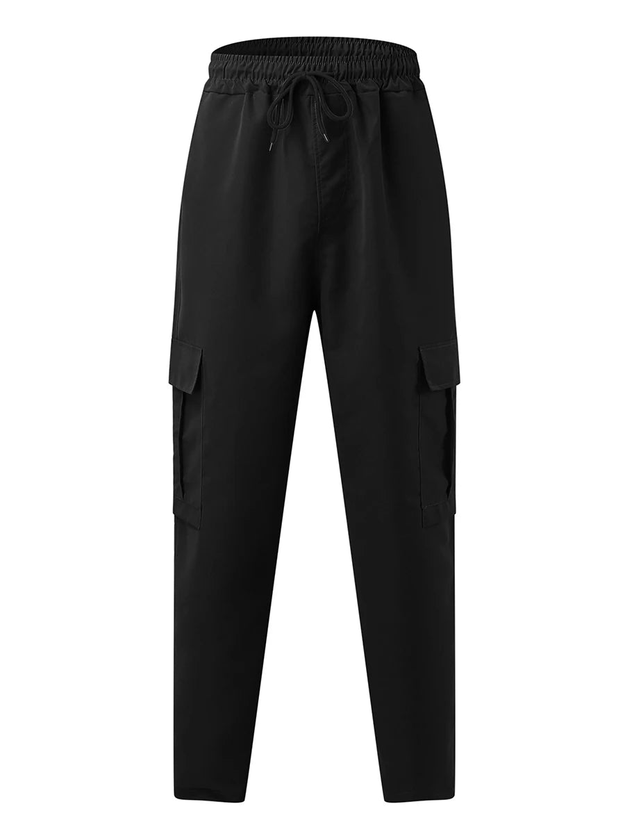 Men s Loose Cargo Long Pants Solid Color Drawstring Waist Straight Leg Trousers Casual Work Pants with Pockets