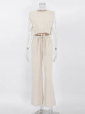 Spring Summer 2025 Women Holiday Linen Pant Set Crop Tops Solid Outfits 2 Two Piece Matching Set For Women