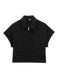 TFMLN Fashion Set For Women Summer Slim Lapel Zipper Short Sleeve Coat Top Wide Leg Pants Two Piece Set Leisure Black