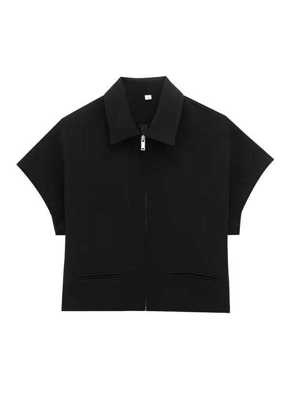 TFMLN Fashion Set For Women Summer Slim Lapel Zipper Short Sleeve Coat Top Wide Leg Pants Two Piece Set Leisure Black