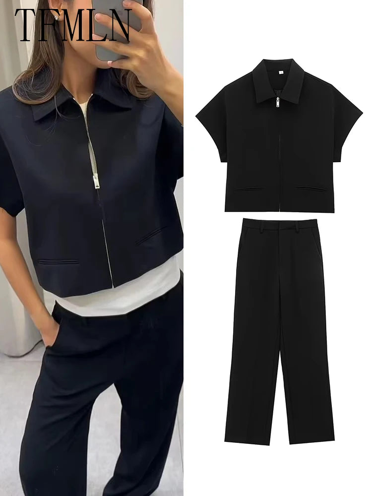 TFMLN Fashion Set For Women Summer Slim Lapel Zipper Short Sleeve Coat Top Wide Leg Pants Two Piece Set Leisure Black