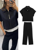 TFMLN Fashion Set For Women Summer Slim Lapel Zipper Short Sleeve Coat Top Wide Leg Pants Two Piece Set Leisure Black