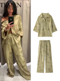 TFMLN Women's Fashion Two Piece Set Loose Jacquard Shirt 2024 High Waist Trousers Set Lapel Half Sleeve Shirt Wide Le…