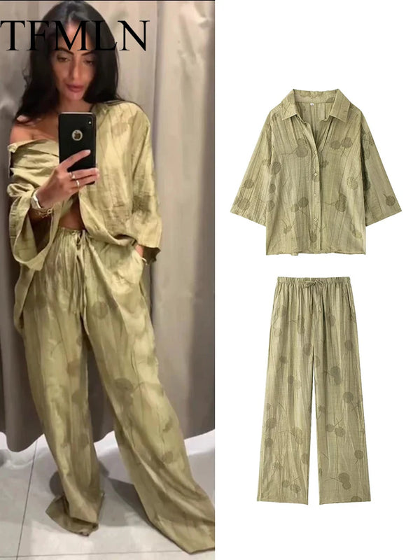 TFMLN Women's Fashion Two Piece Set Loose Jacquard Shirt 2024 High Waist Trousers Set Lapel Half Sleeve Shirt Wide Le…