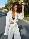 Women Casual Cozy Lapel Pink Shirt Pants Suits Fashion Single Breasted Blouses Elastic Waist Pant Set Loose Outfits
