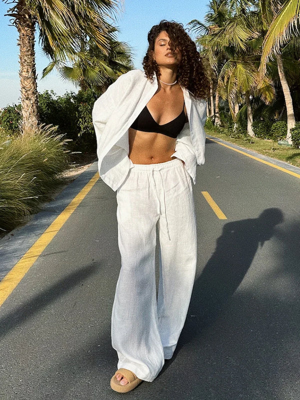 Women's Casual Solid Cotton Linen Pant Sets Chic Laple Single Breasted Long Sleeve Shirt Elasticity Waist Pant New Tw…